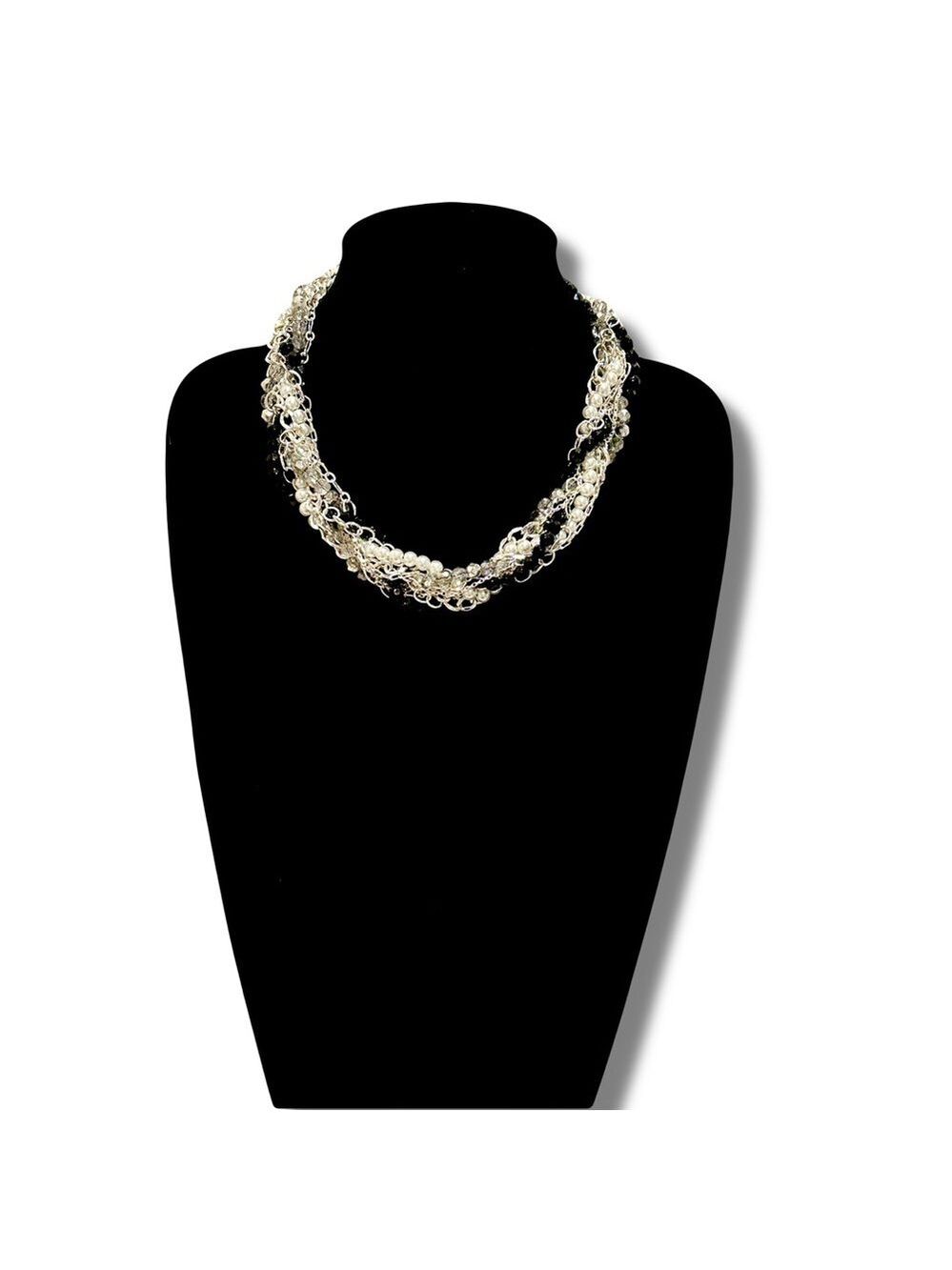 WHBM Multi-Strand Twisted Pearl, Black Bead & Crystal Collar Necklace | NEW $68